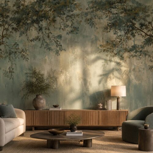 Misty Sage Canopy Full Wall Mural Watercolor Hanging Leaves Peel And Stick Wallpa