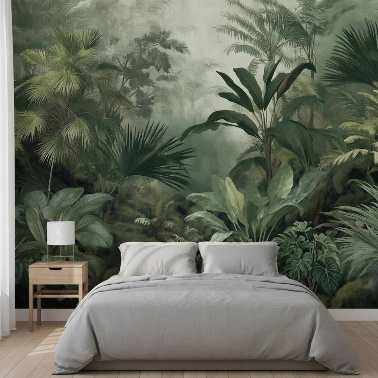 Misty Tropical Forest Wall Mural Dark Green Jungle Wallpaper Vintage Botanical Nature Decor Removable Peel And Stick Wallpaper