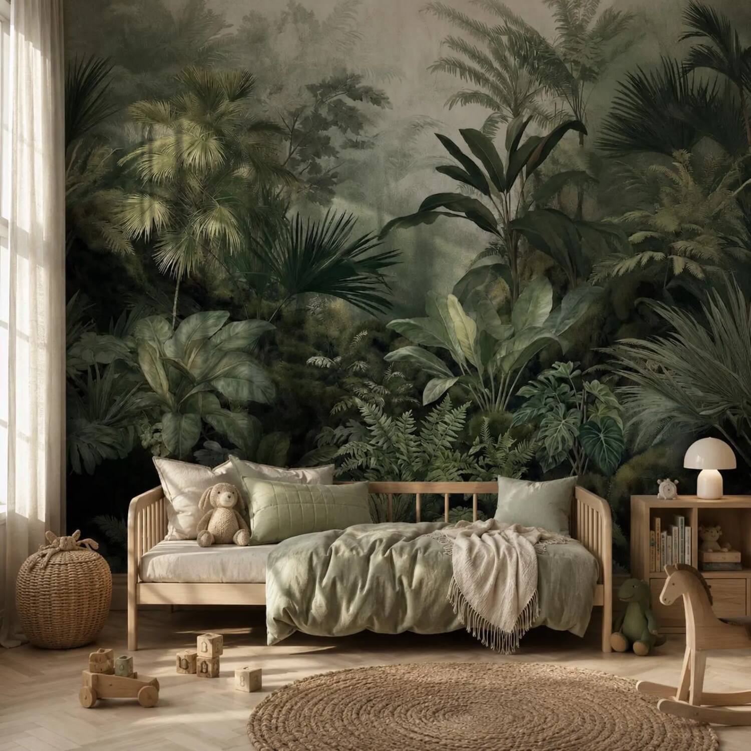 Misty Tropical Forest Wall Mural Dark Green Jungle Wallpaper Vintage Botanical Nature Decor Removable Peel And Stick Wallpaper