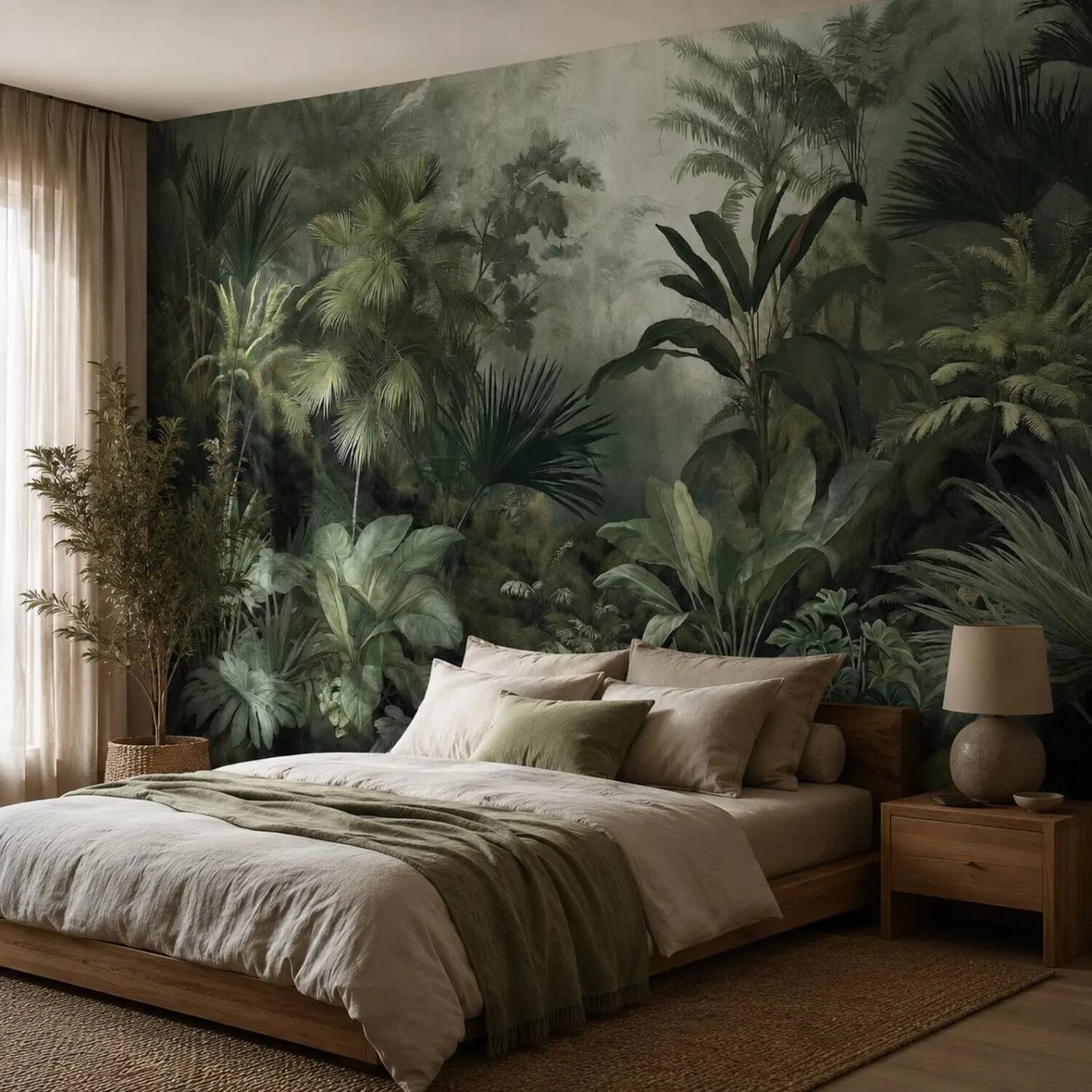 Misty Tropical Forest Wall Mural Dark Green Jungle Wallpaper Vintage Botanical Nature Decor Removable Peel And Stick Wallpaper