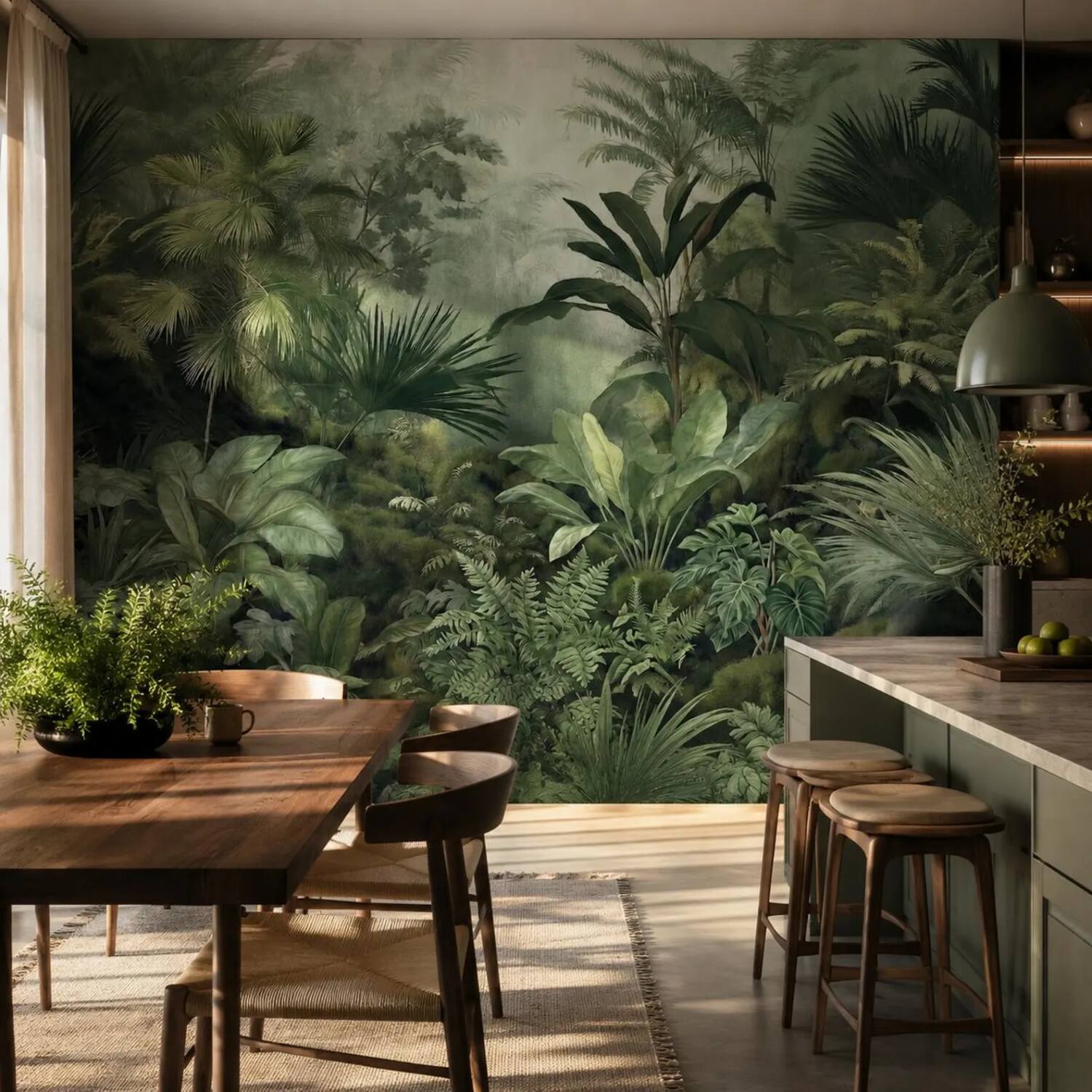 Misty Tropical Forest Wall Mural Dark Green Jungle Wallpaper Vintage Botanical Nature Decor Removable Peel And Stick Wallpaper