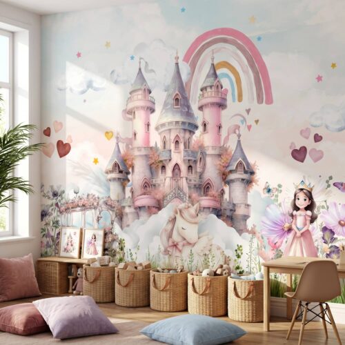 Pastel Pink Princess Castle Wallpaper For Kids Room Watercolor Fairy Unicorn Nurse