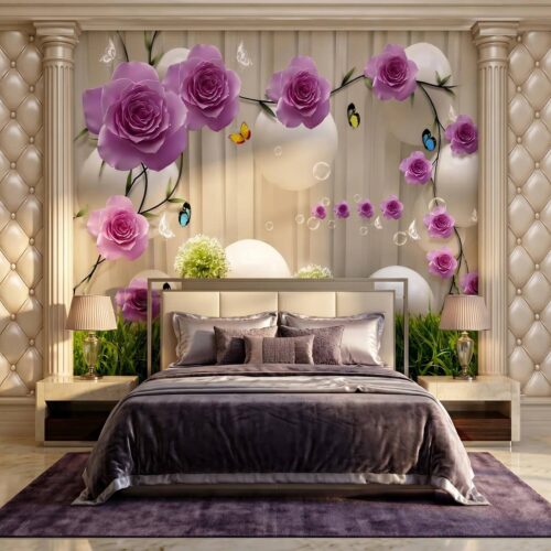 Purple Rose Pillar Wallpaper For Living Room Kitchen Bedroom Kids Room Bathroom 3D Floral Luxury Wall Mural Elegant Botanical Peel Stick