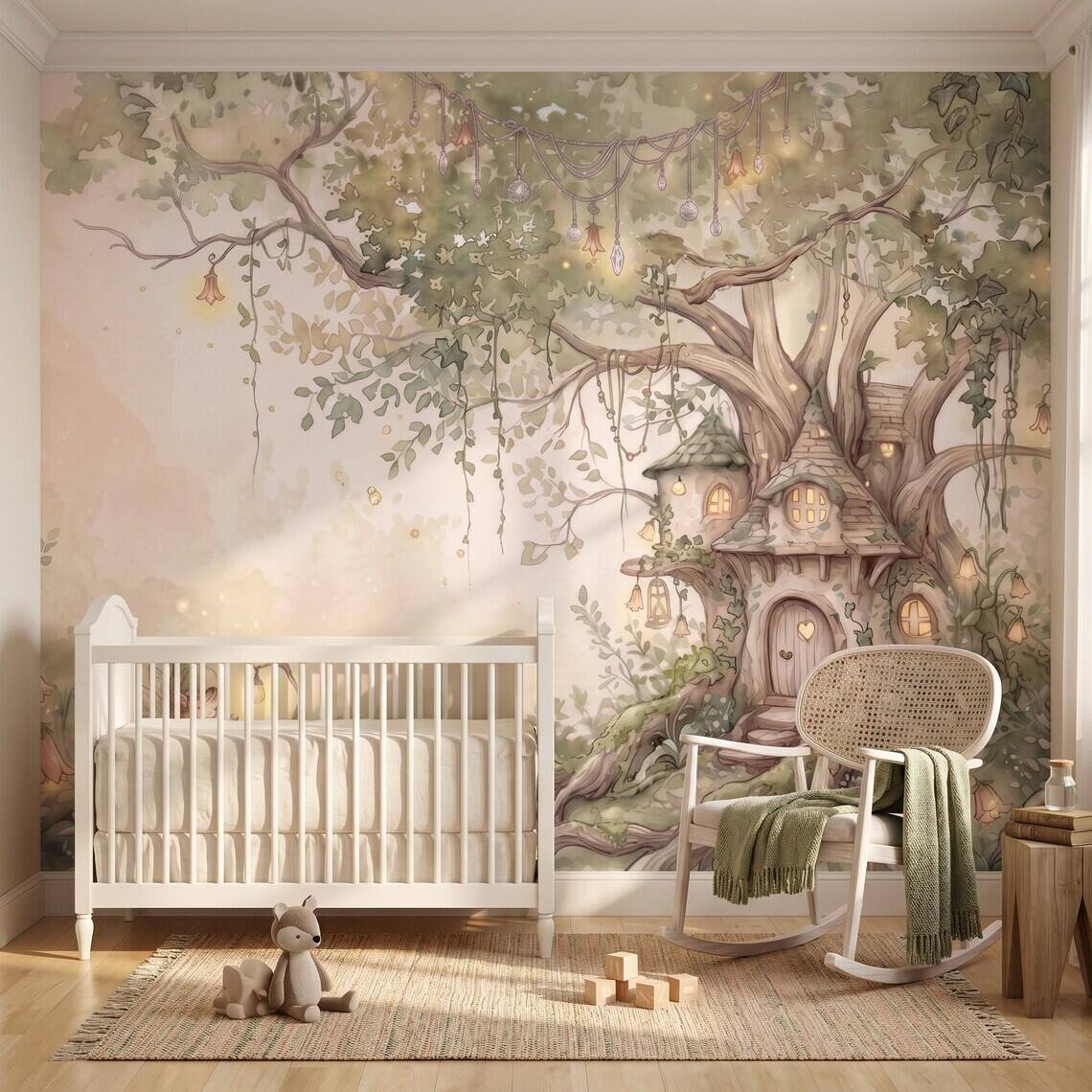 Sage Green Fairy Cottage Wallpaper For Kids Room Whimsical Woodland Nursery Wall Mural Watercolor Elf Treehouse Peel Stick Removable Paper