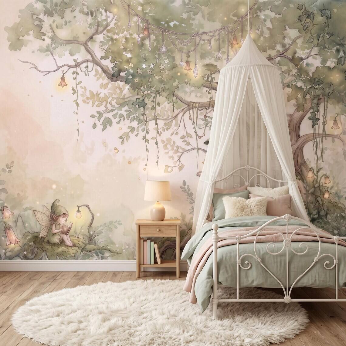 Sage Green Fairy Cottage Wallpaper For Kids Room Whimsical Woodland Nursery Wall Mural Watercolor Elf Treehouse Peel Stick Removable Paper