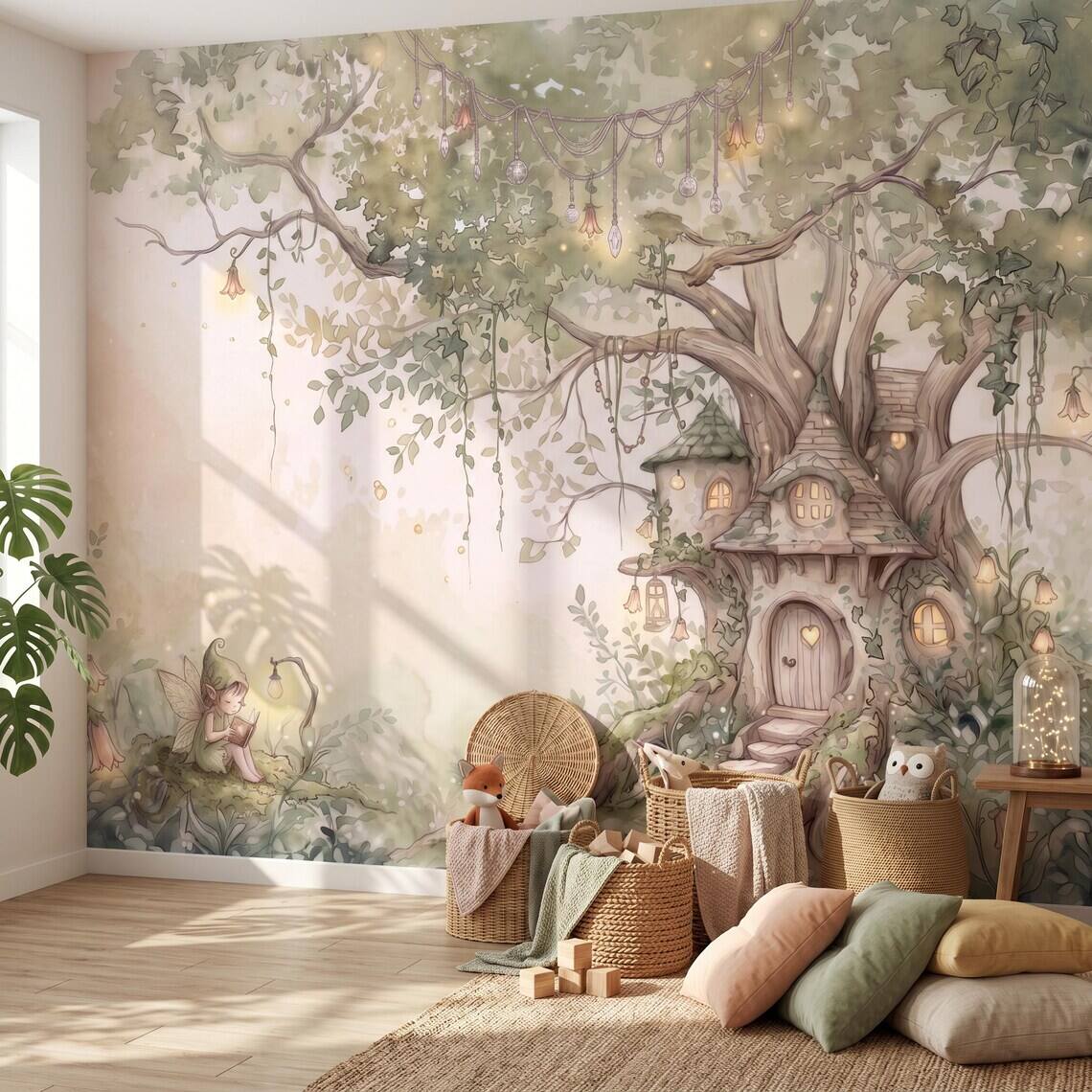 Sage Green Fairy Cottage Wallpaper For Kids Room Whimsical Woodland Nursery Wall Mural Watercolor Elf Treehouse Peel Stick Removable Paper