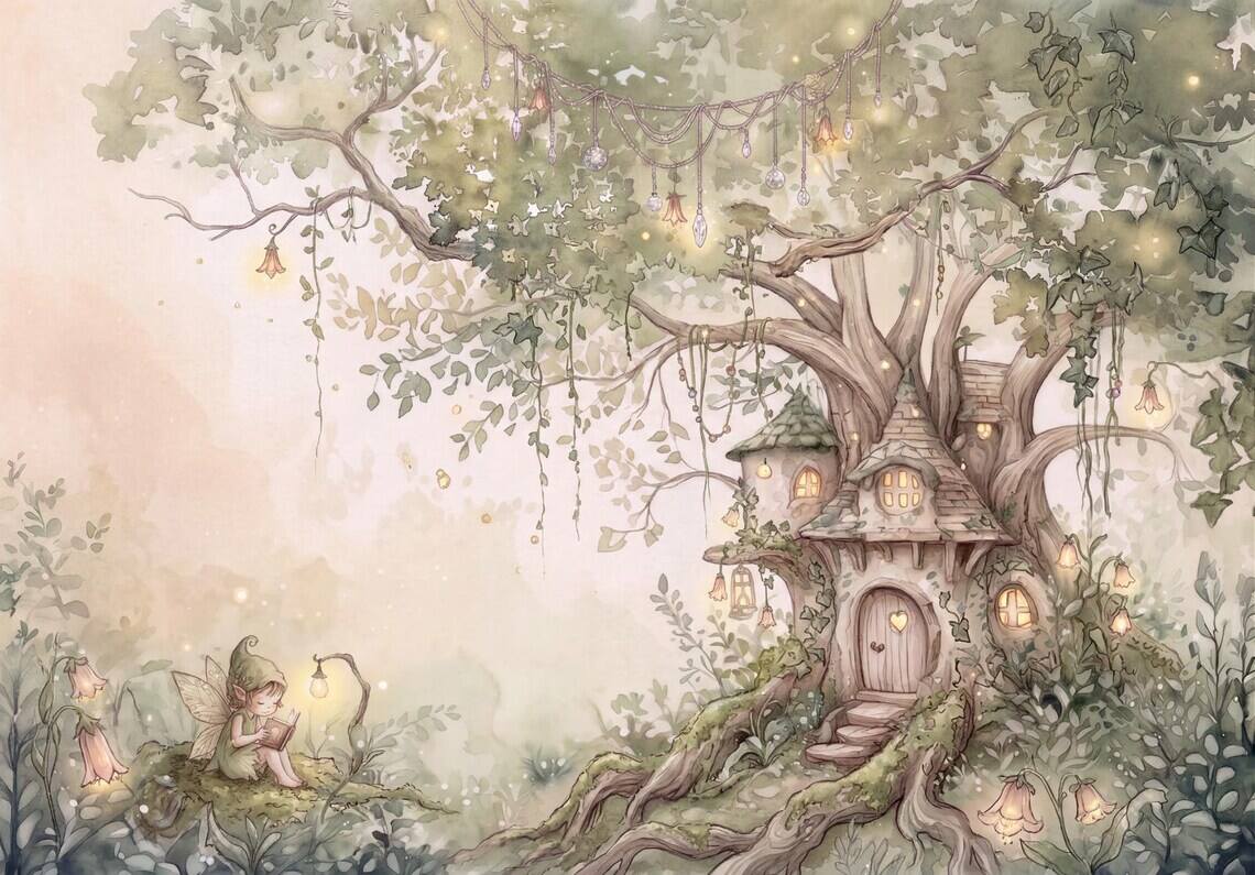 Sage Green Fairy Cottage Wallpaper For Kids Room Whimsical Woodland Nursery Wall Mural Watercolor Elf Treehouse Peel Stick Removable Paper
