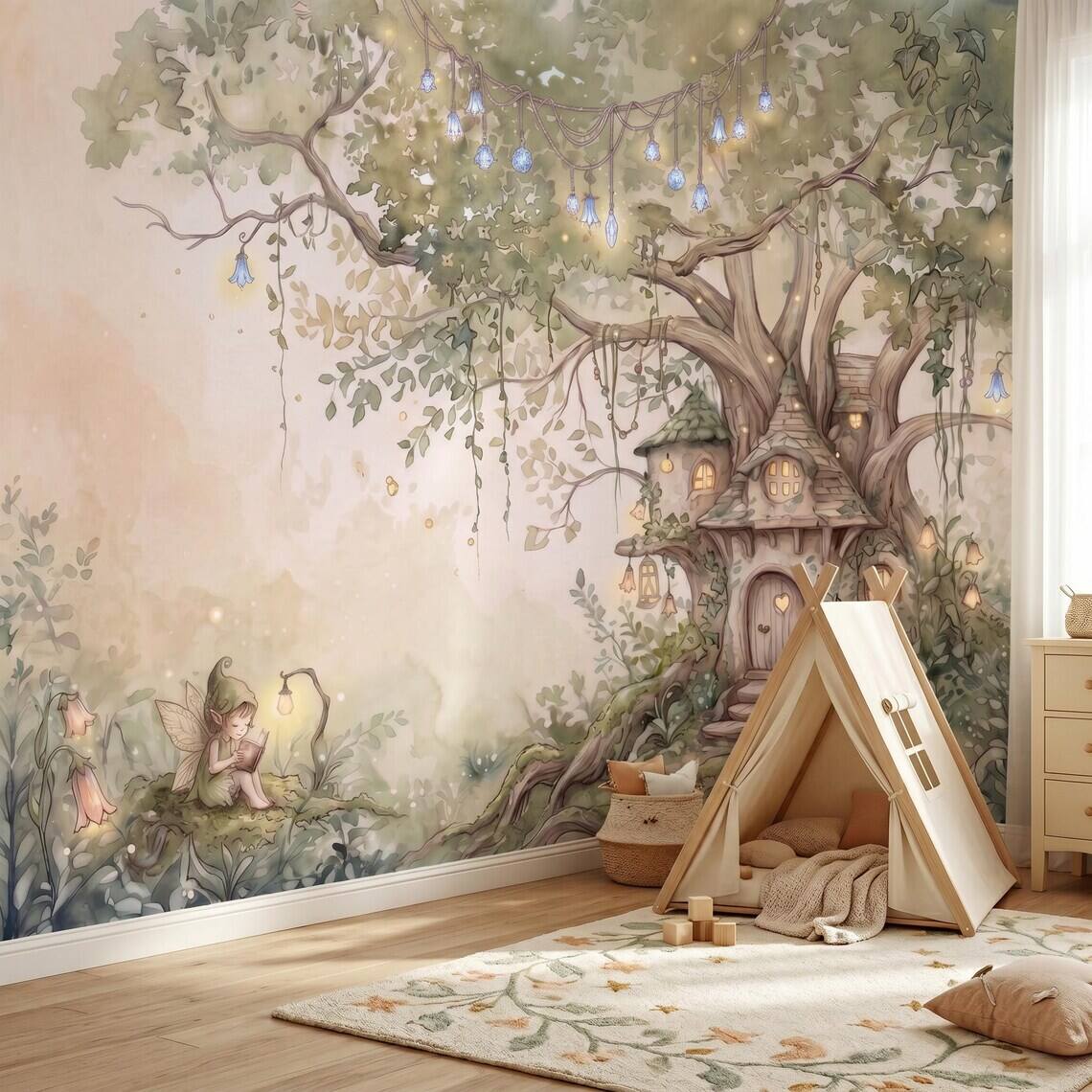 Sage Green Fairy Cottage Wallpaper For Kids Room Whimsical Woodland Nursery Wall Mural Watercolor Elf Treehouse Peel Stick Removable Paper