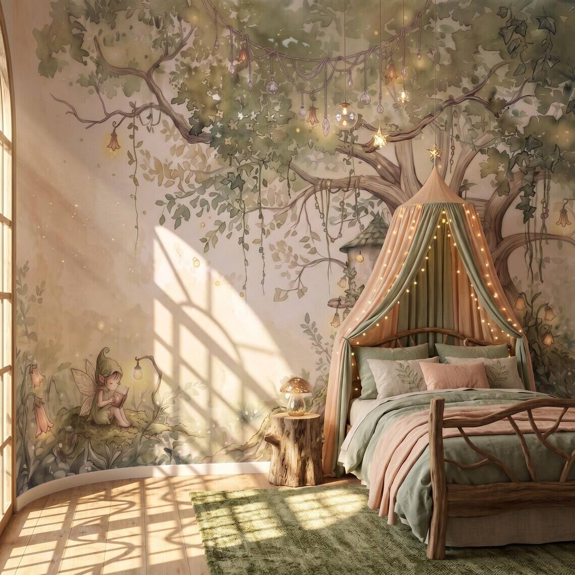 Sage Green Fairy Cottage Wallpaper For Kids Room Whimsical Woodland Nursery Wall Mural Watercolor Elf Treehouse Peel Stick Removable Paper
