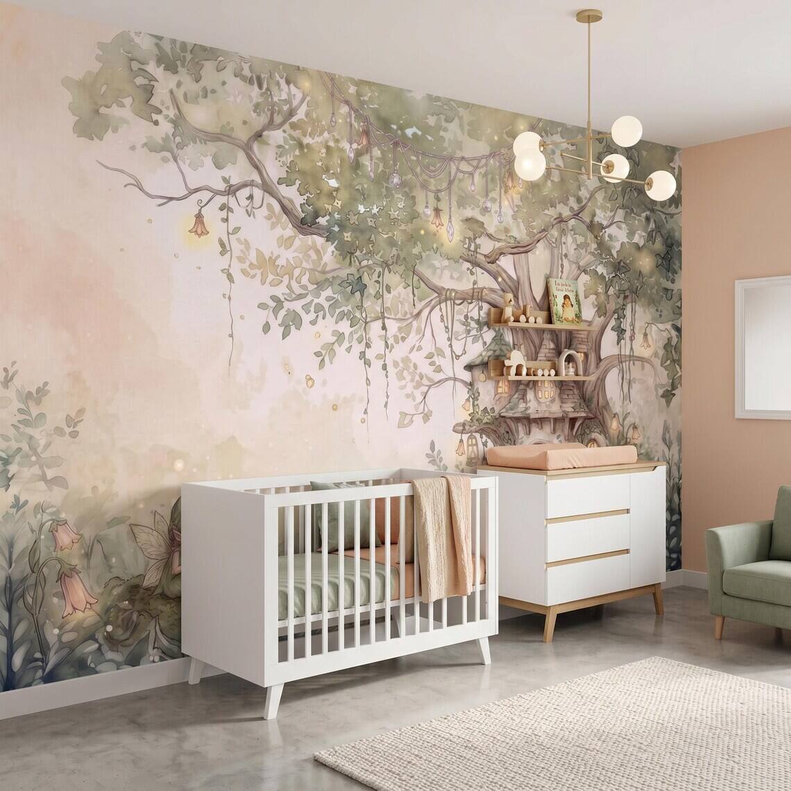 Sage Green Fairy Cottage Wallpaper For Kids Room Whimsical Woodland Nursery Wall Mural Watercolor Elf Treehouse Peel Stick Removable Paper