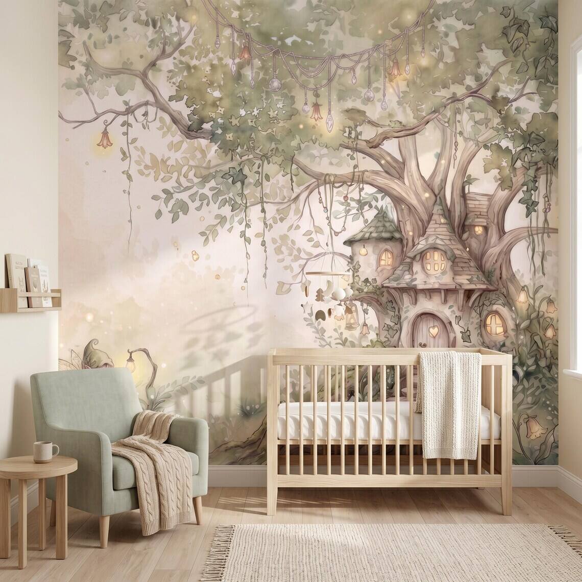 Sage Green Fairy Cottage Wallpaper For Kids Room Whimsical Woodland Nursery Wall Mural Watercolor Elf Treehouse Peel Stick Removable Paper