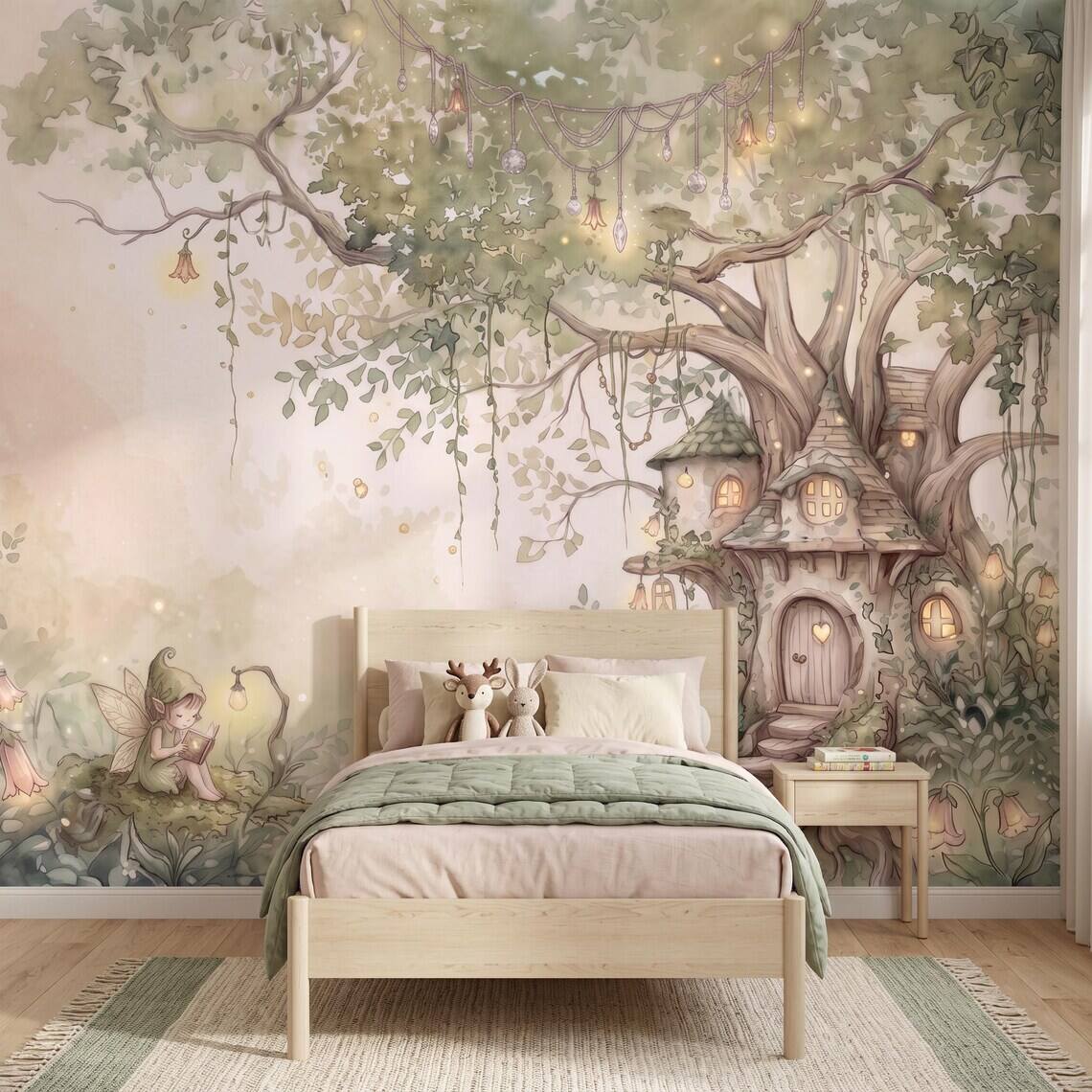 Sage Green Fairy Cottage Wallpaper For Kids Room Whimsical Woodland Nursery Wall Mural Watercolor Elf Treehouse Peel Stick Removable Paper
