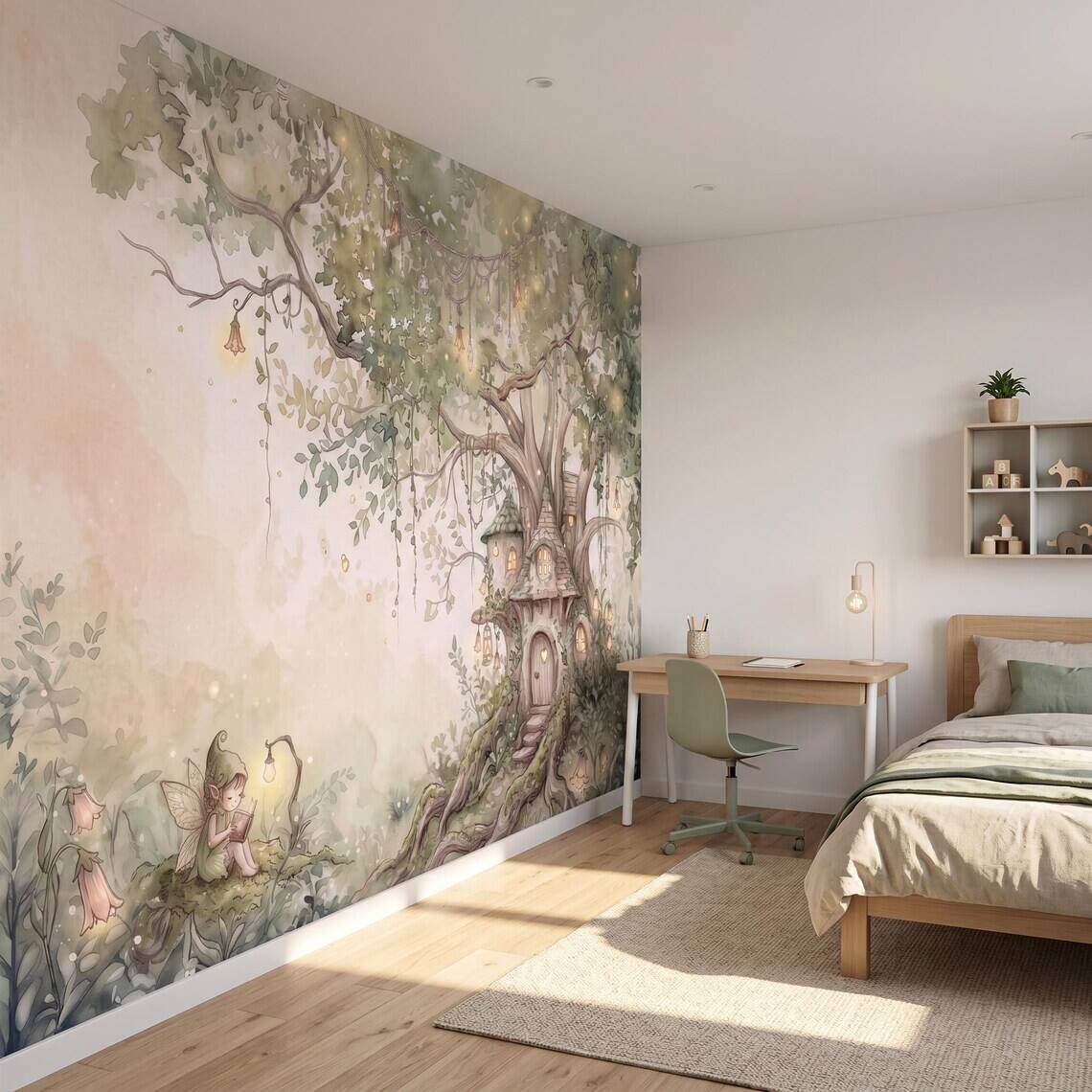 Sage Green Fairy Cottage Wallpaper For Kids Room Whimsical Woodland Nursery Wall Mural Watercolor Elf Treehouse Peel Stick Removable Paper