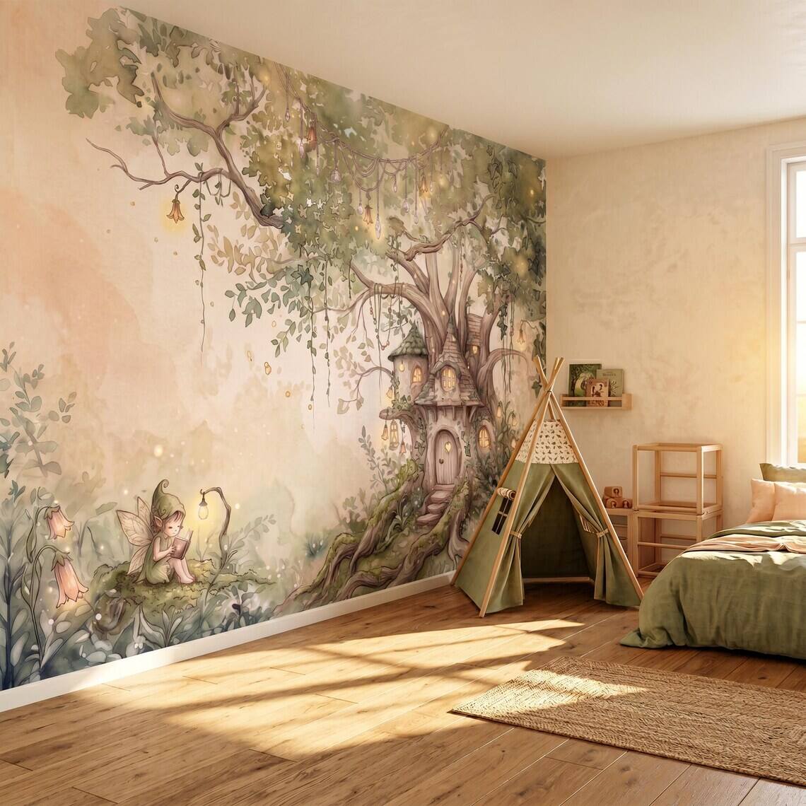Sage Green Fairy Cottage Wallpaper For Kids Room Whimsical Woodland Nursery Wall Mural Watercolor Elf Treehouse Peel Stick Removable Paper