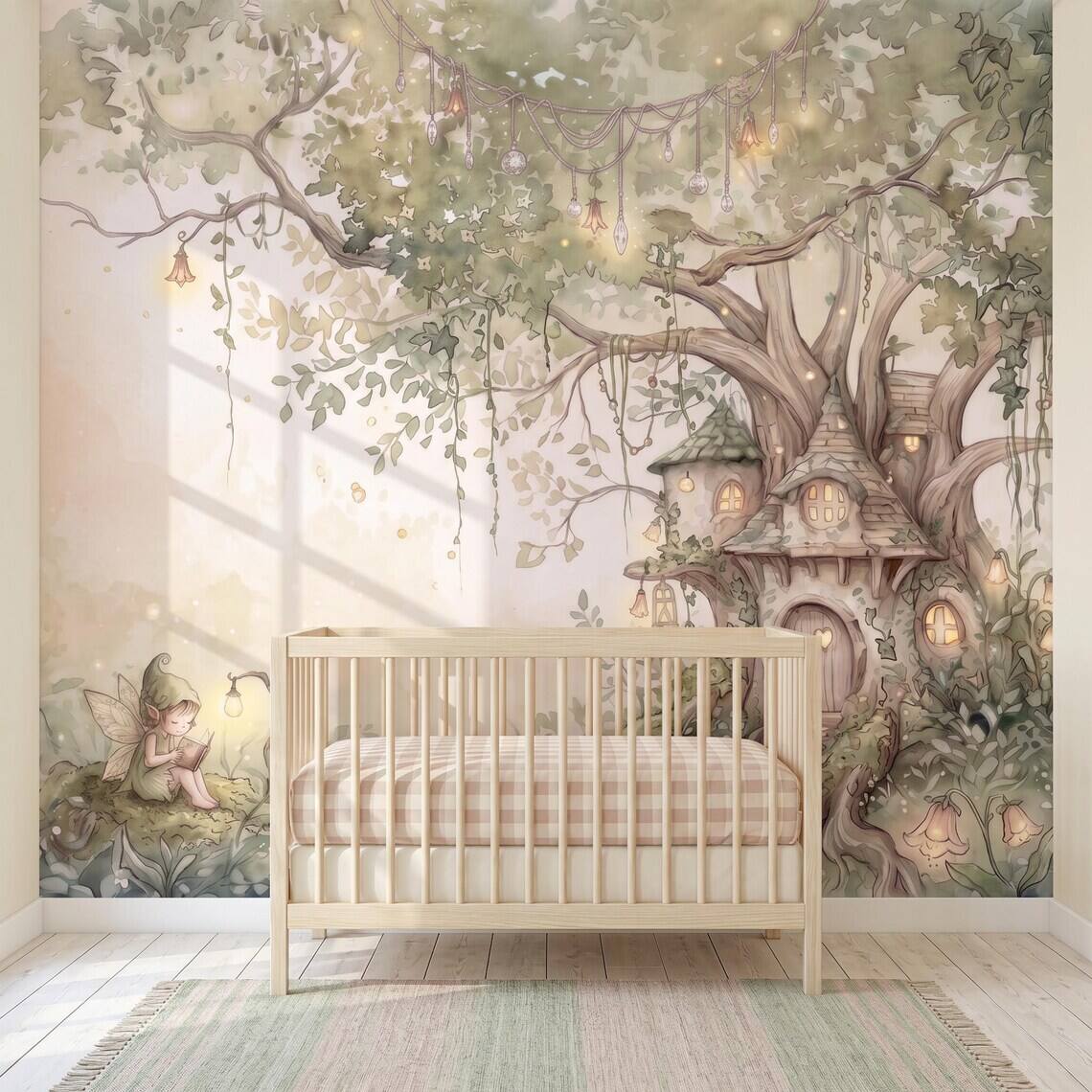 Sage Green Fairy Cottage Wallpaper For Kids Room Whimsical Woodland Nursery Wall Mural Watercolor Elf Treehouse Peel Stick Removable Paper