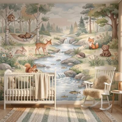 Sage Green Woodland Wallpaper For Kids Room Forest Creek Nursery Wall Mural Watercolor Animals River Peel Stick Playroom Removable Paper