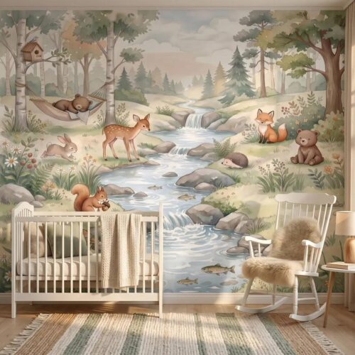 Sage Green Woodland Wallpaper For Kids Room Forest Creek Nursery Wall Mural Watercolor Animals River Peel Stick Playroom Removable Paper