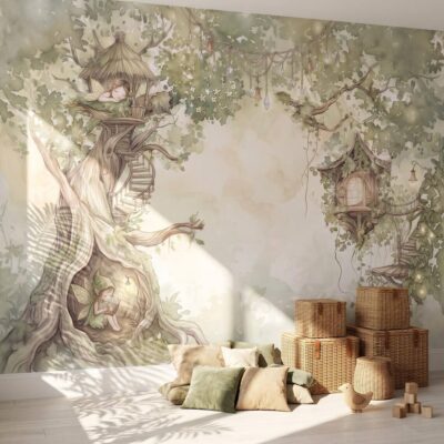 Soft Sage Green Fairy Treehouse Wallpaper For Kids Room Whimsical Nursery Wall Mural Watercolor Elf Princess Peel Stick Removable Paper