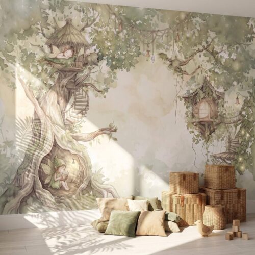 Soft Sage Green Fairy Treehouse Wallpaper For Kids Room Whimsical Nursery Wall Mural Watercolor Elf Princess Peel Stick Removable Paper