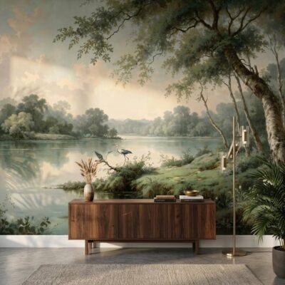 Vintage Chinoiserie River Landscape Wallpaper Heron Bird Lake Scene Wall Mural Classic Nature Art Peel And Stick Wallpaper Mural