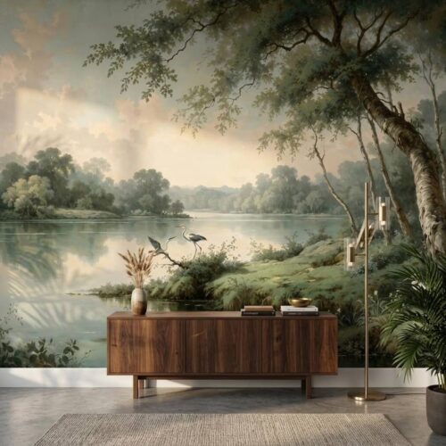 Vintage Chinoiserie River Landscape Wallpaper Heron Bird Lake Scene Wall Mural Classic Nature Art Peel And Stick Wallpaper Mural