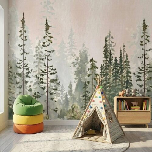 Watercolor Forest Pine Tree Wallpaper For Kids Room Forest Nature Misty Mountain Kids Room Mural Self Adhesive Wallpaper Mural Green