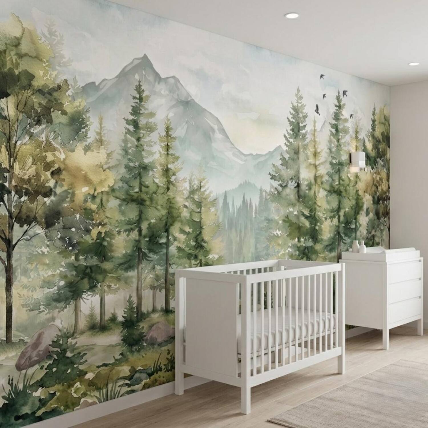 Watercolor Forest And Mountain Kids Mural Nursery Pine Tree Wall Art Woodland Nature Decor For Playroom Peel And Stick Wallpaper