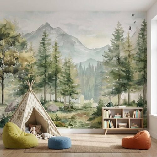 Watercolor Forest And Mountain Kids Mural Nursery Pine Tree Wall Art Woodland Nature Decor For Playroom Peel And Stick Wallpaper