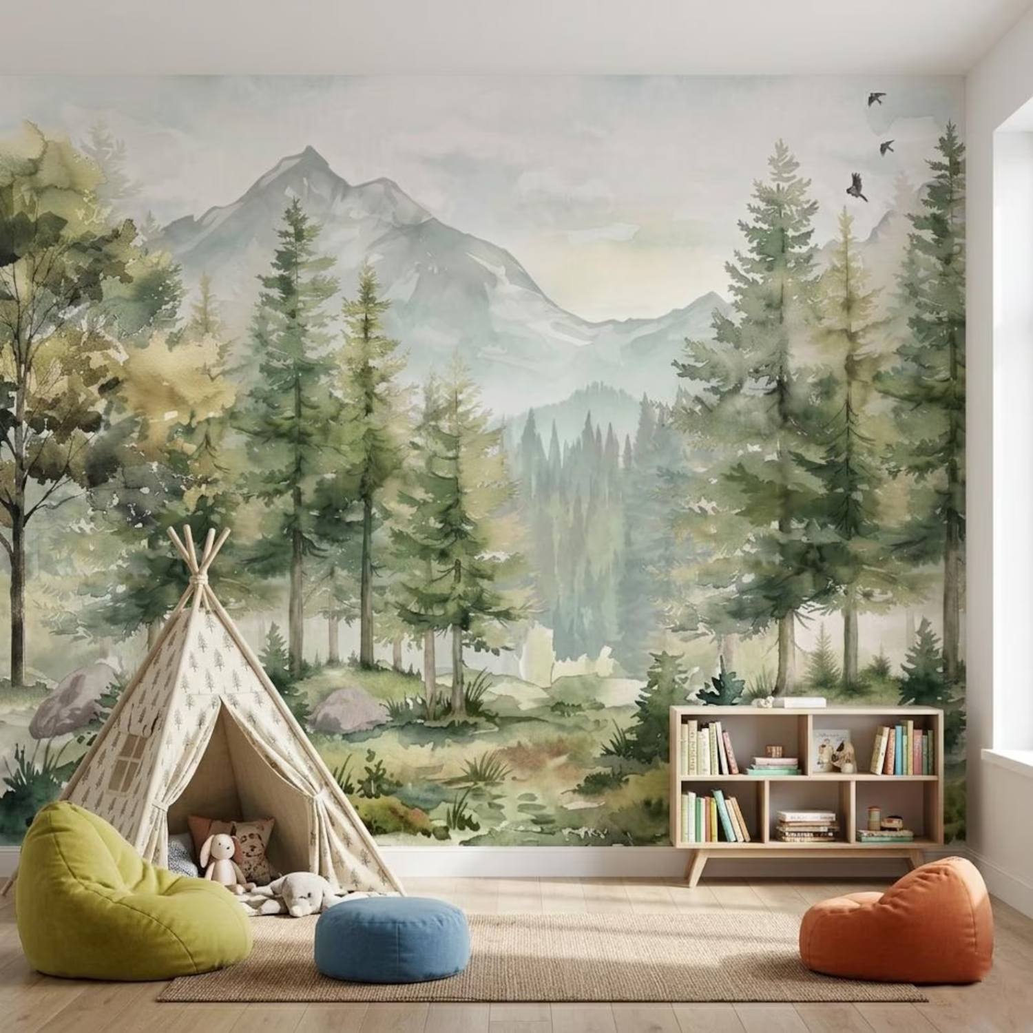 Watercolor Forest And Mountain Kids Mural Nursery Pine Tree Wall Art Woodland Nature Decor For Playroom Peel And Stick Wallpaper