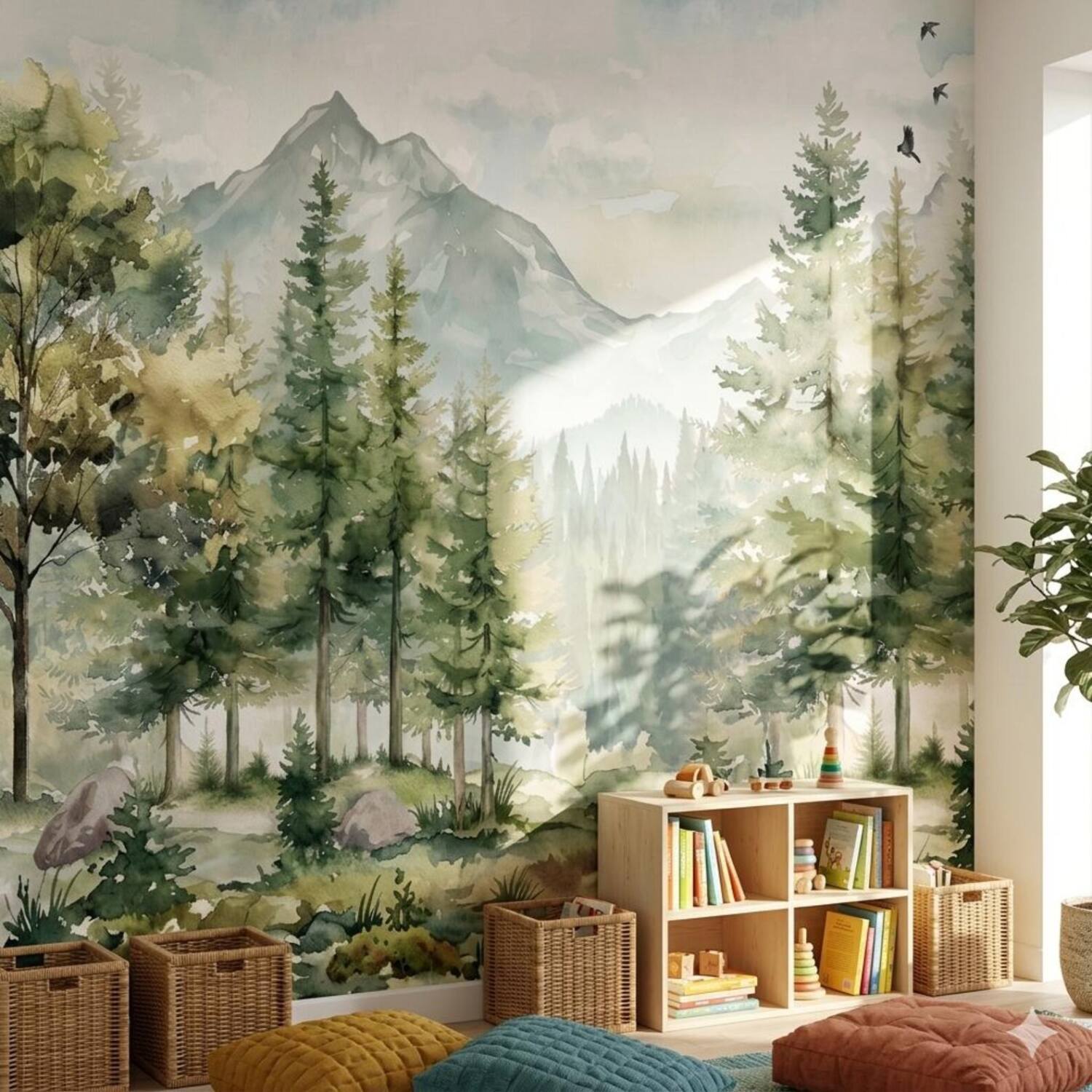 Watercolor Forest And Mountain Kids Mural Nursery Pine Tree Wall Art Woodland Nature Decor For Playroom Peel And Stick Wallpaper