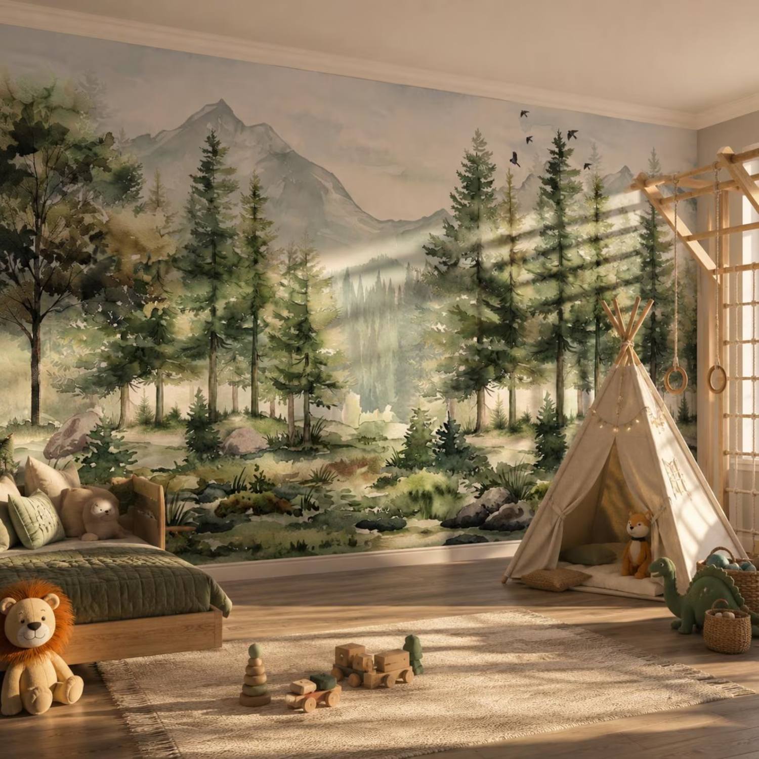 Watercolor Forest And Mountain Kids Mural Nursery Pine Tree Wall Art Woodland Nature Decor For Playroom Peel And Stick Wallpaper