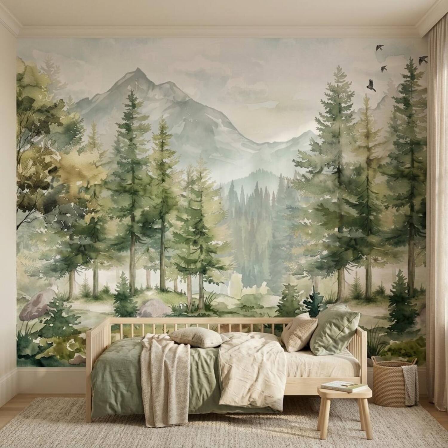 Watercolor Forest And Mountain Kids Mural Nursery Pine Tree Wall Art Woodland Nature Decor For Playroom Peel And Stick Wallpaper