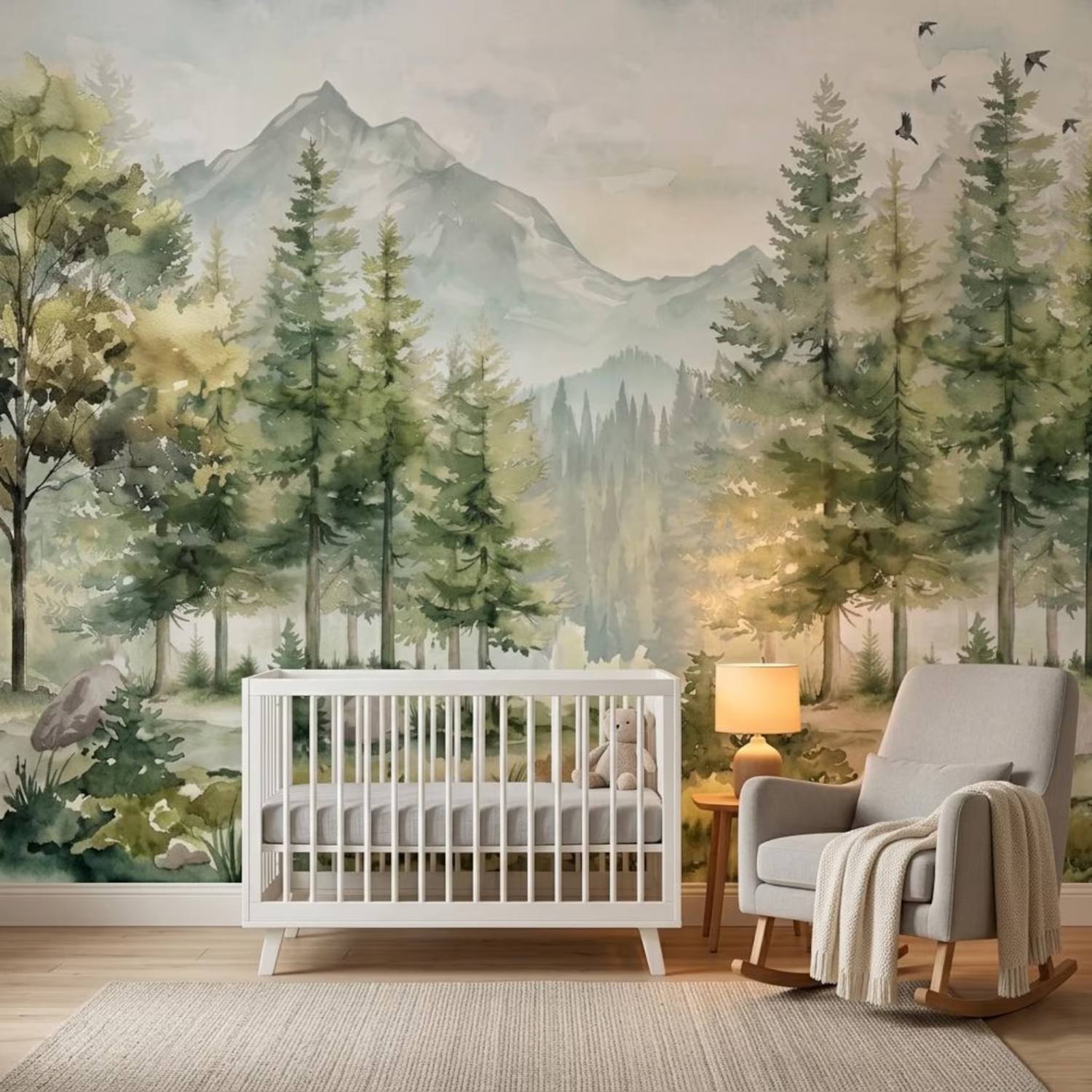 Watercolor Forest And Mountain Kids Mural Nursery Pine Tree Wall Art Woodland Nature Decor For Playroom Peel And Stick Wallpaper