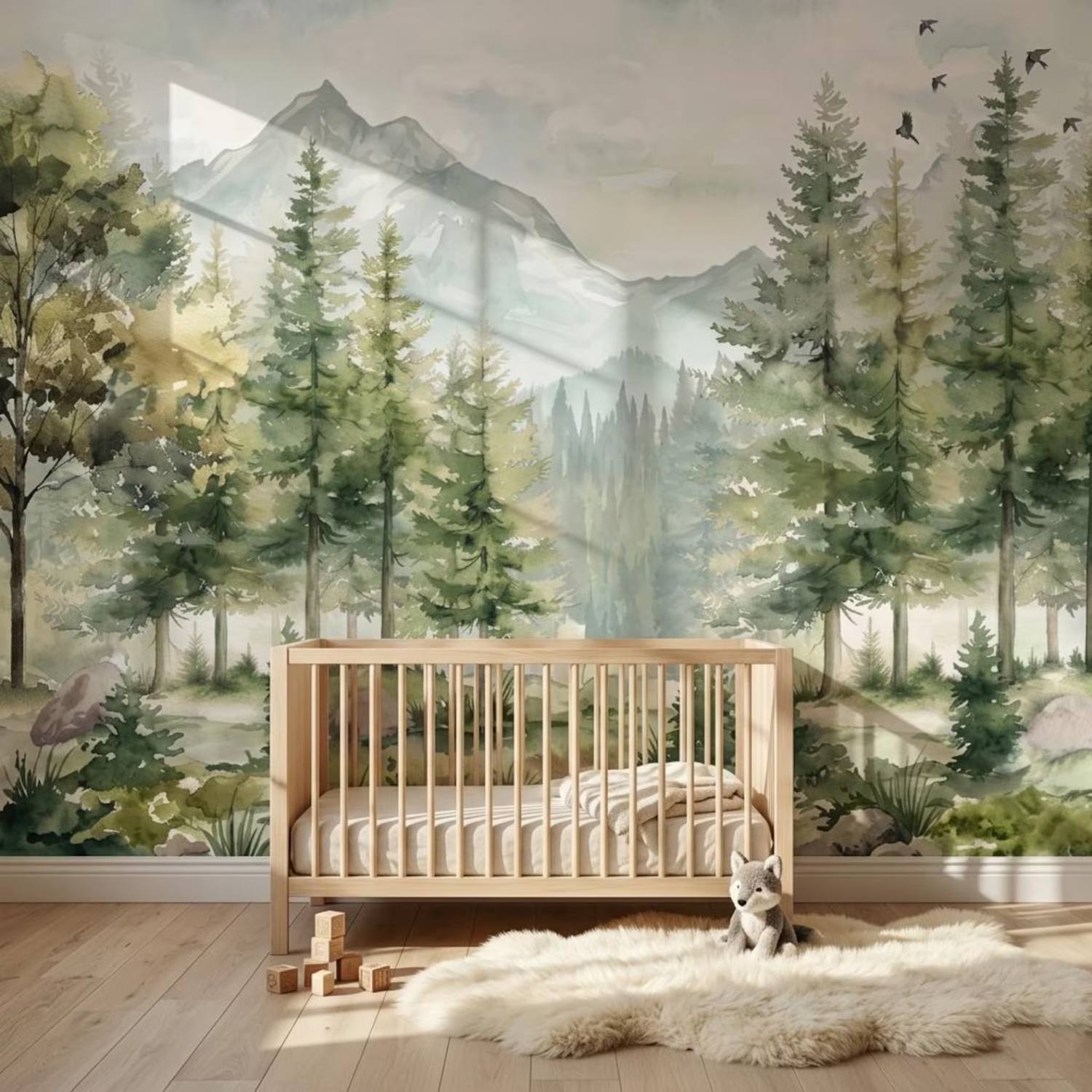 Watercolor Forest And Mountain Kids Mural Nursery Pine Tree Wall Art Woodland Nature Decor For Playroom Peel And Stick Wallpaper