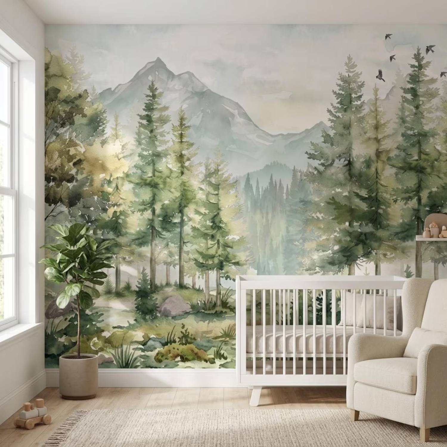 Watercolor Forest And Mountain Kids Mural Nursery Pine Tree Wall Art Woodland Nature Decor For Playroom Peel And Stick Wallpaper