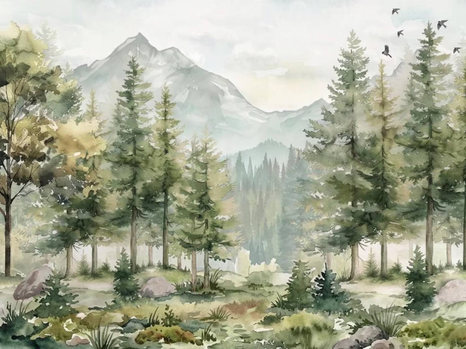 Watercolor Forest And Mountain Kids Mural Nursery Pine Tree Wall Art Woodland Nature Decor For Playroom Peel And Stick Wallpaper