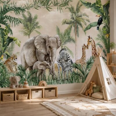 Watercolor Jungle Safari Kids Wallpaper Neutral Jungle Nursery Wall Decor Peel And Stick Animal Mural Cute Elephant Giraffe Removable Paper
