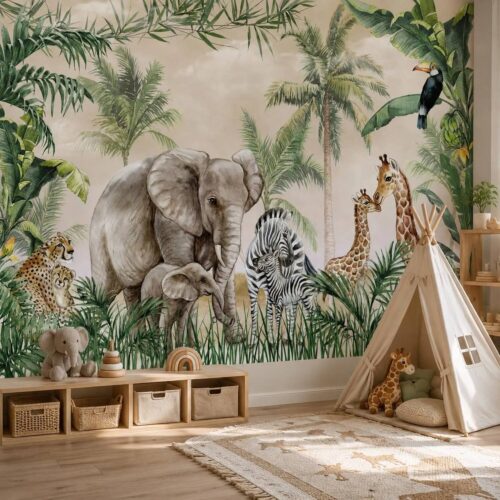 Watercolor Jungle Safari Kids Wallpaper Neutral Jungle Nursery Wall Decor Peel And Stick Animal Mural Cute Elephant Giraffe Removable Paper