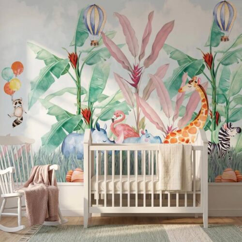 Watercolor Safari Animals Wallpaper For Kids Room Giraffe Zebra Hippo Mural Hot Air Balloon Nursery Decor Peel And Stick Textile Canvas