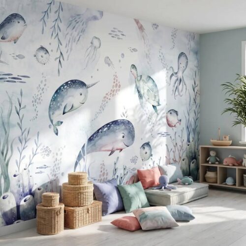 Watercolor Underwater Wallpaper For Kids Room Cute Ocean Animals Nursery Mural Sea Life Peel Stick
