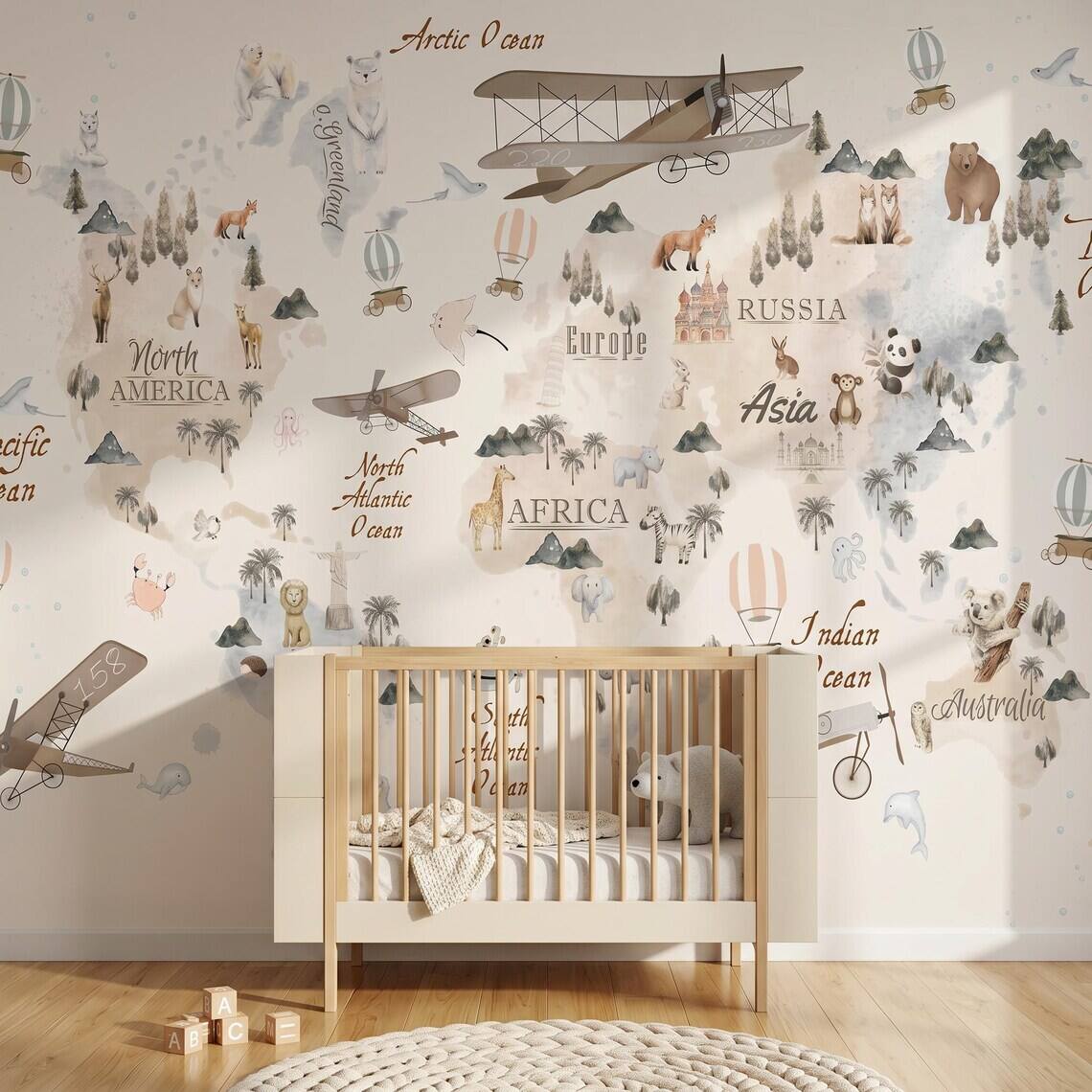 Watercolor World Map Wallpaper For Kids Room Animal Explorer Nursery Mural Kids Travel Adventure Wall Decor