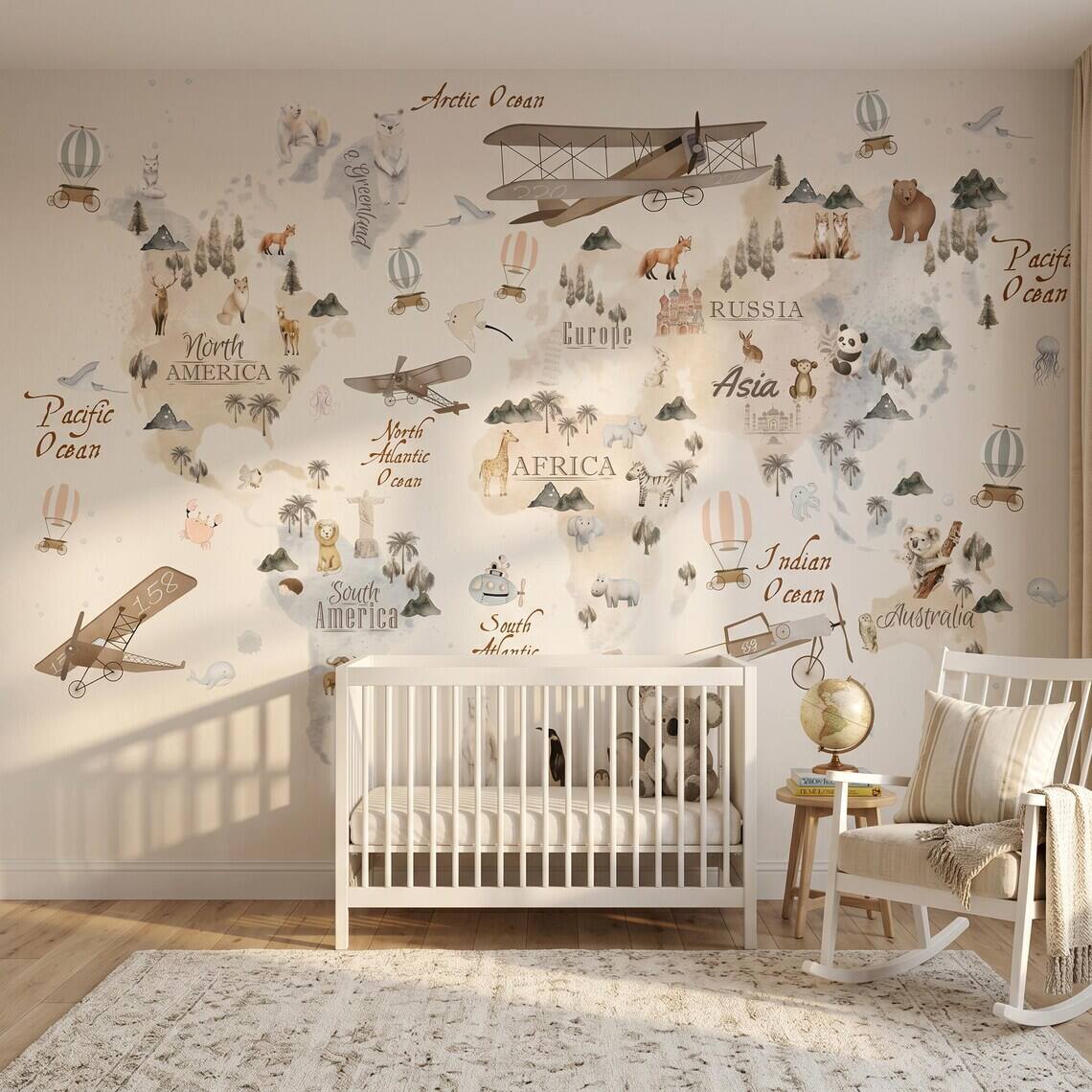 Watercolor World Map Wallpaper For Kids Room Animal Explorer Nursery Mural Kids Travel Adventure Wall Decor