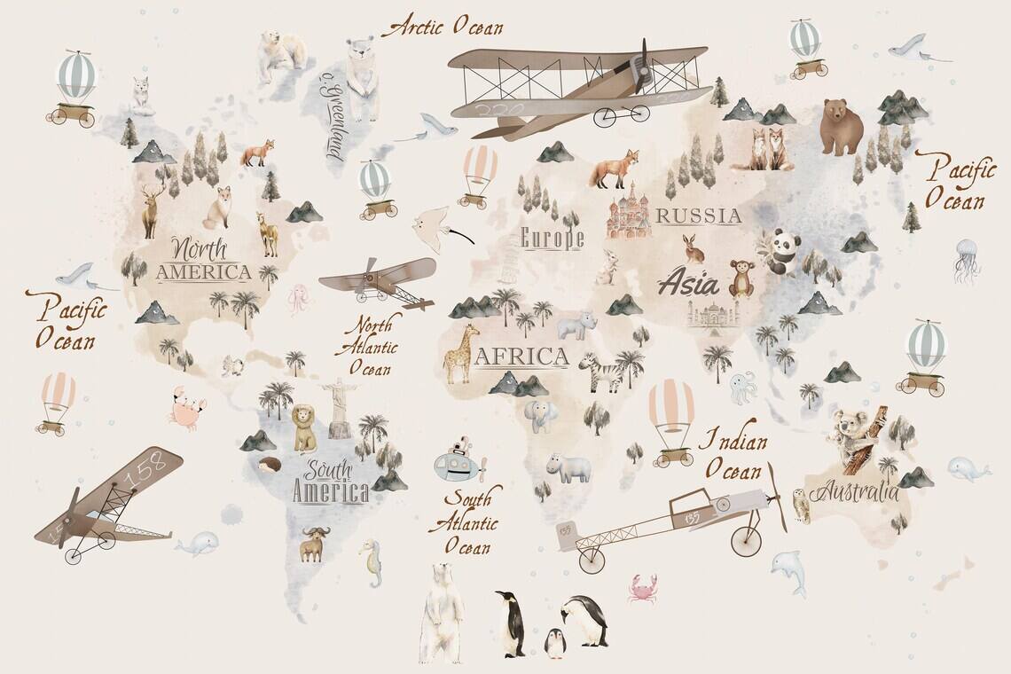 Watercolor World Map Wallpaper For Kids Room Animal Explorer Nursery Mural Kids Travel Adventure Wall Decor