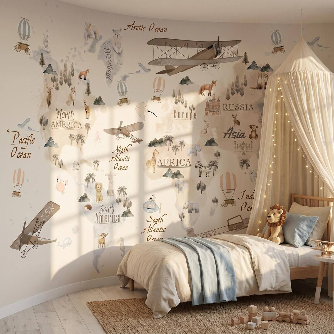 Watercolor World Map Wallpaper For Kids Room Animal Explorer Nursery Mural Kids Travel Adventure Wall Decor