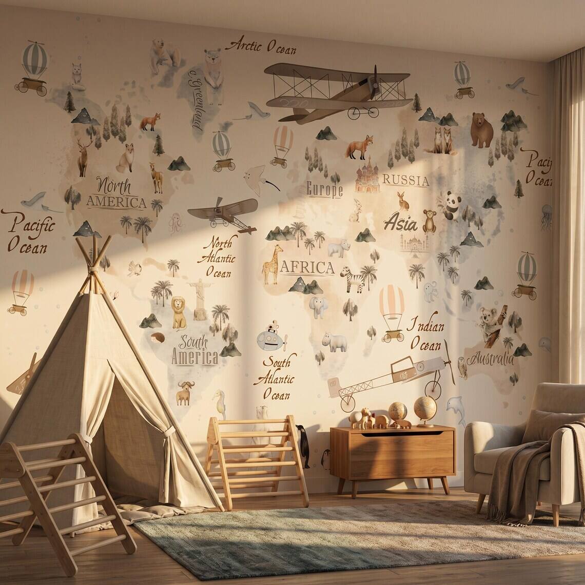 Watercolor World Map Wallpaper For Kids Room Animal Explorer Nursery Mural Kids Travel Adventure Wall Decor