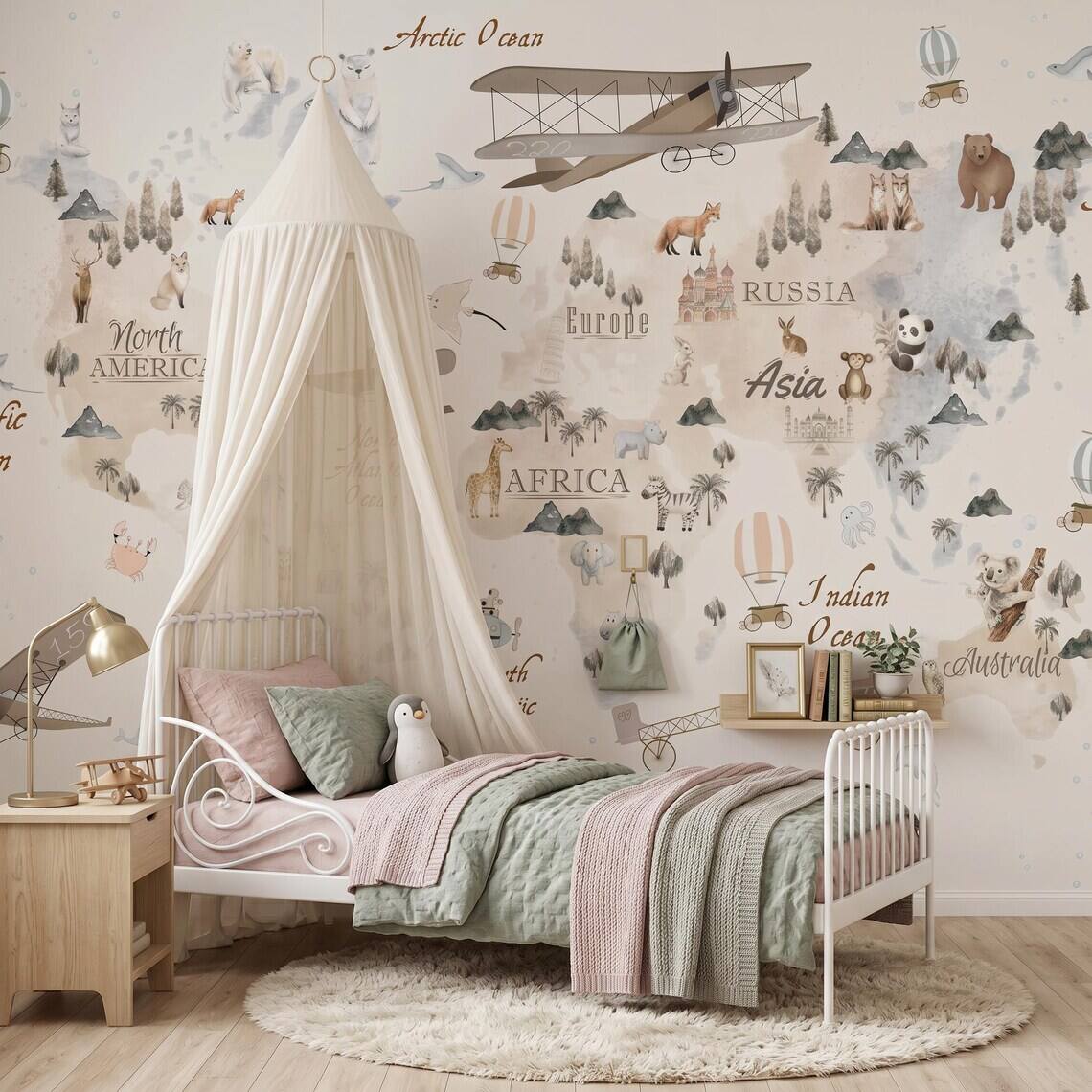 Watercolor World Map Wallpaper For Kids Room Animal Explorer Nursery Mural Kids Travel Adventure Wall Decor