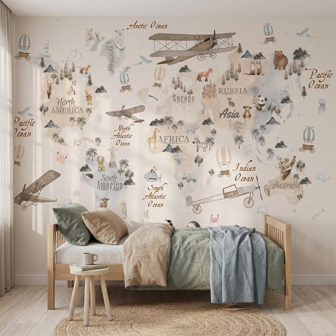 Watercolor World Map Wallpaper For Kids Room Animal Explorer Nursery Mural Kids Travel Adventure Wall Decor