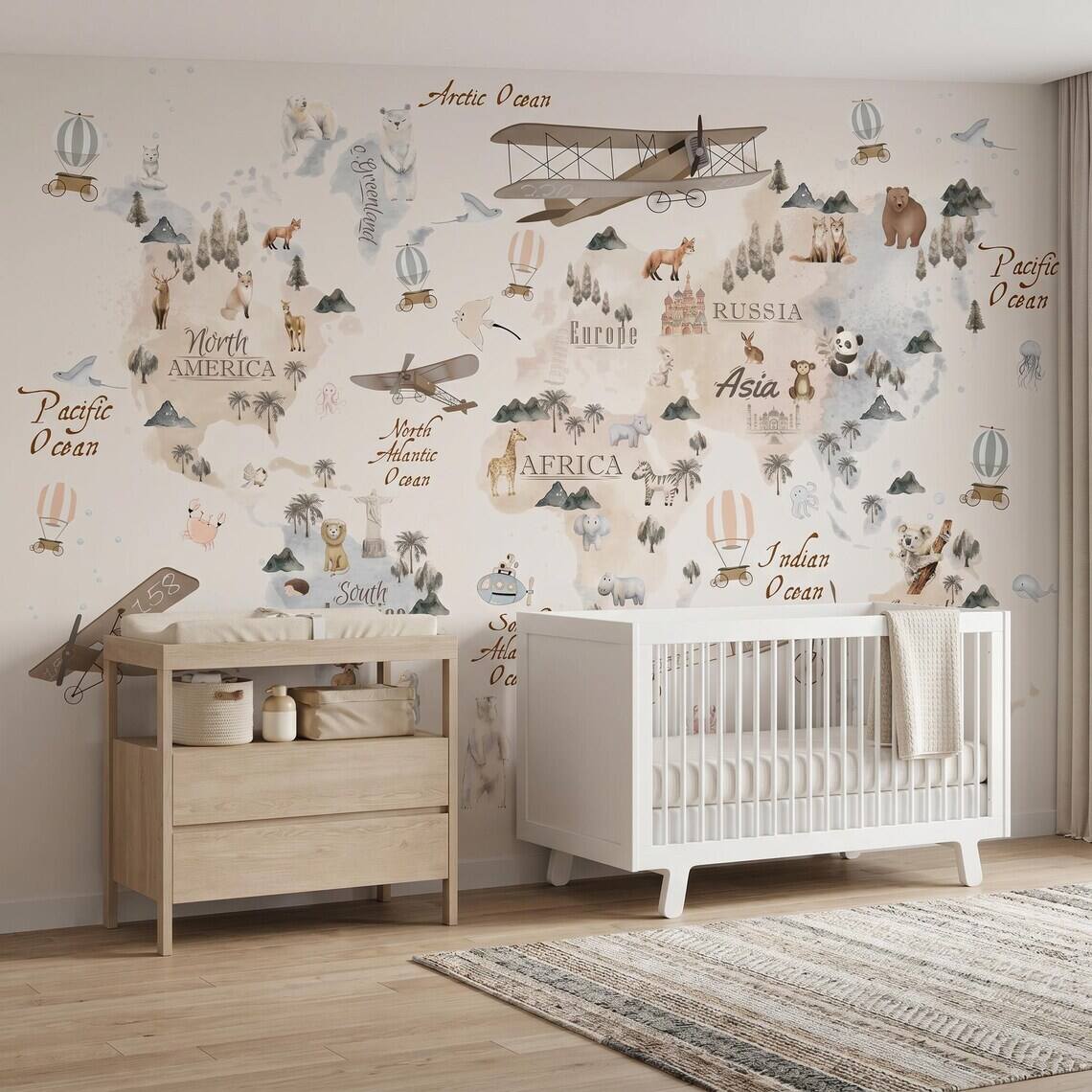 Watercolor World Map Wallpaper For Kids Room Animal Explorer Nursery Mural Kids Travel Adventure Wall Decor