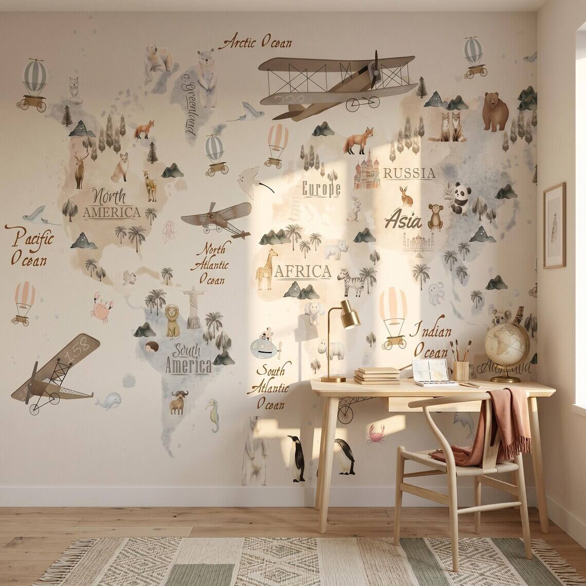 Watercolor World Map Wallpaper For Kids Room Animal Explorer Nursery Mural Kids Travel Adventure Wall Decor