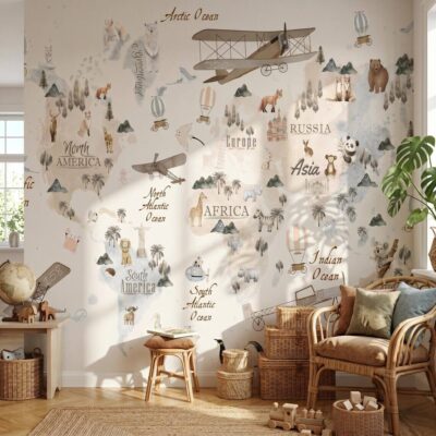 Watercolor World Map Wallpaper For Kids Room Animal Explorer Nursery Mural Kids Travel Adventure Wall Decor